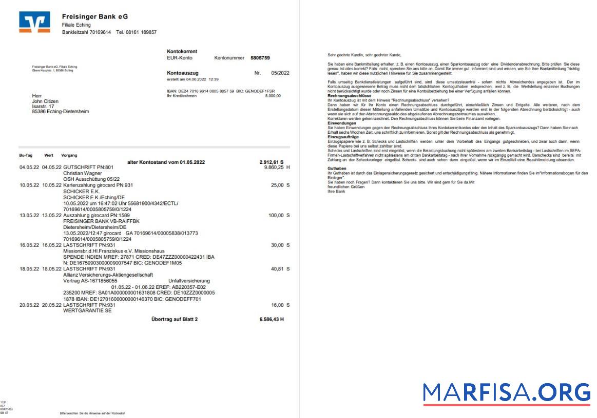 Германия Freisinger Банковский eG Выписка из банка 2 pages предпросмотр