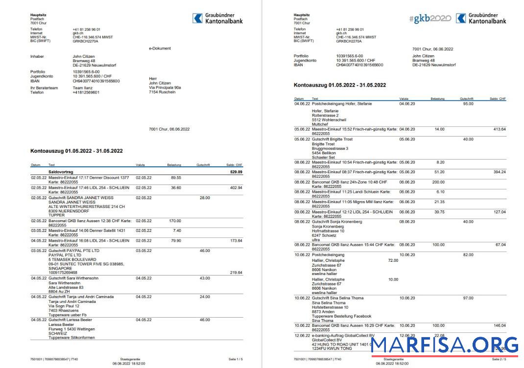 Германия Graubundner Kantonalbank Выписка из банка on Deutsch, 4 pages дизайн