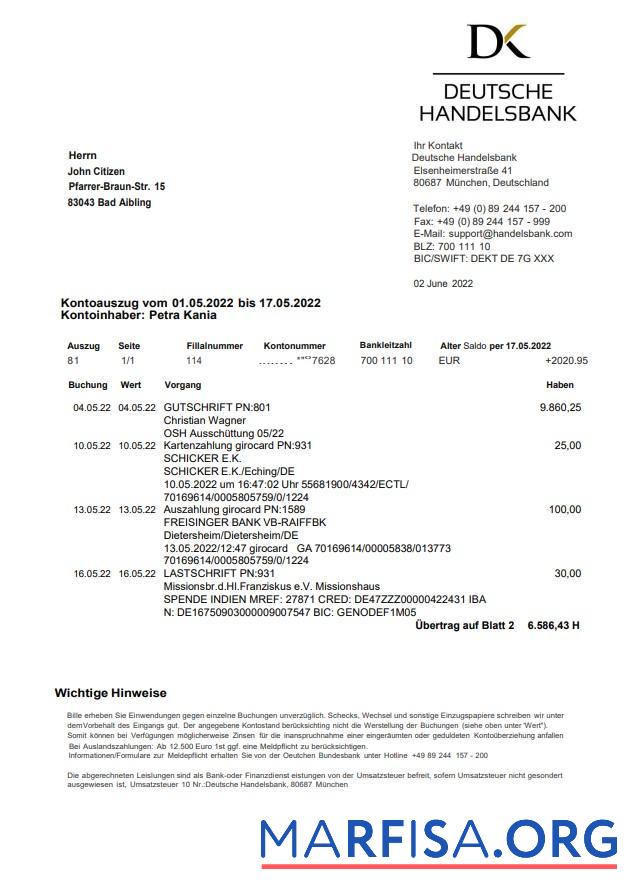 Германия Handelsbank Выписка из банка on Deutsch предпросмотр