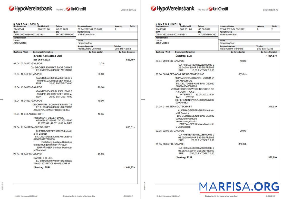 Германия HypoVereinsbank Выписка из банка on Deutsch, 3 pages образец