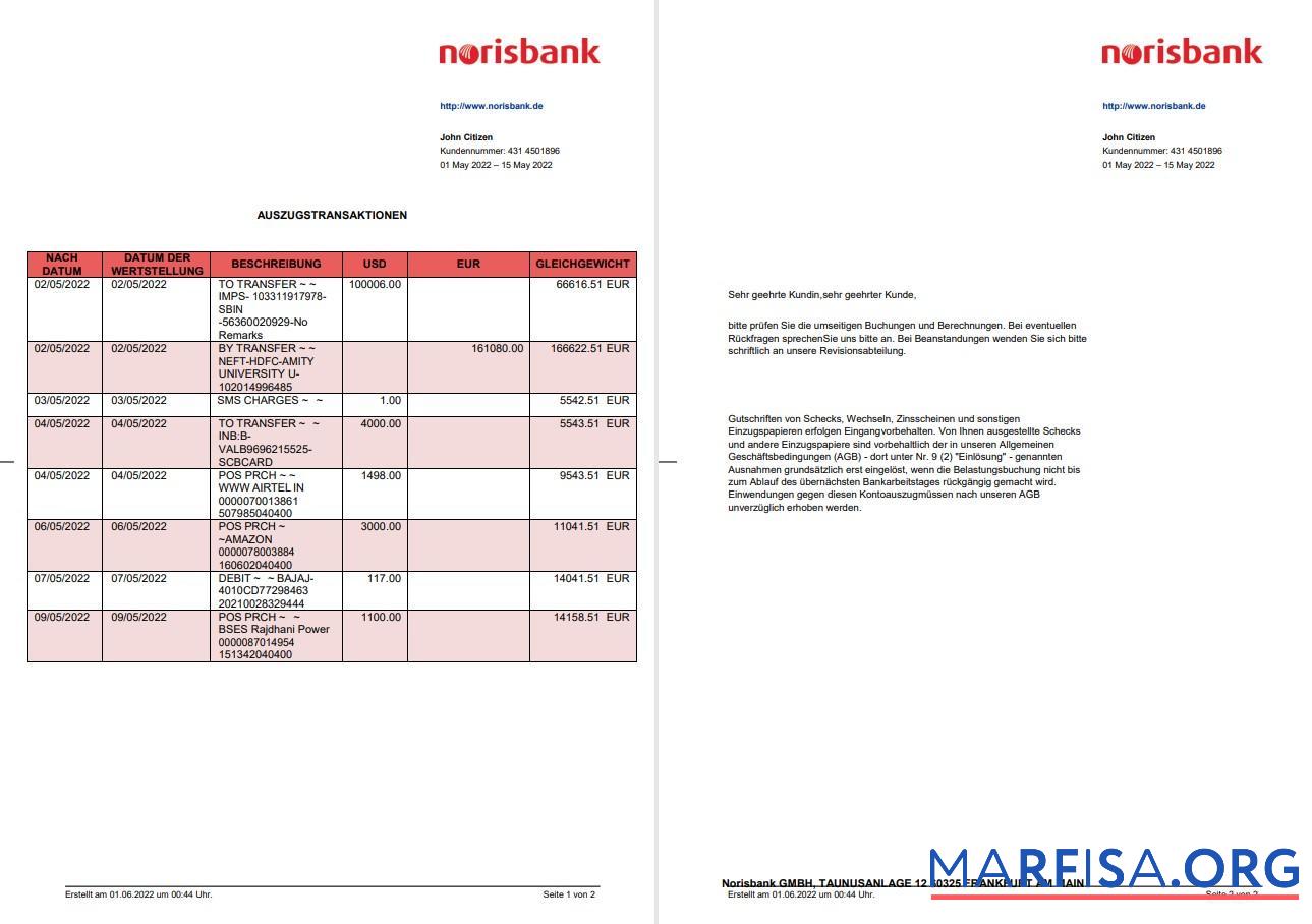 Германия Norisbank Выписка из банка on Deutsch, 2 pages образец