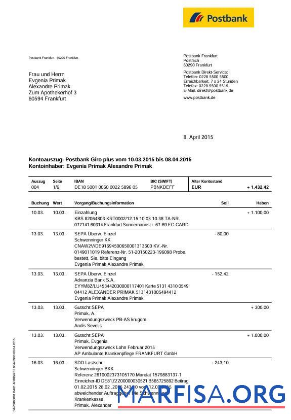 Германия Postbank Банковский Выписка из банка, 6 pages макет