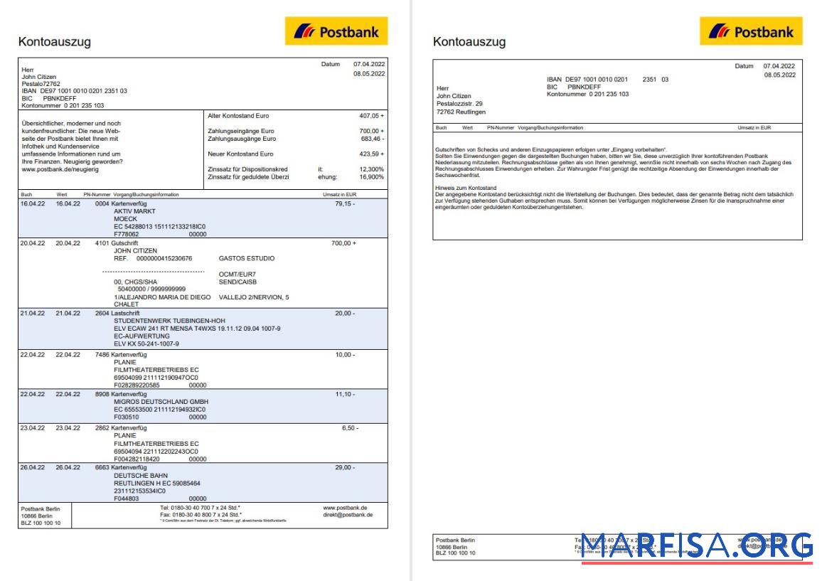 Германия Postbank Выписка из банка 2 pages макет