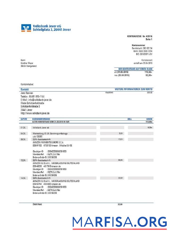 Германия Sparkasse Miltenberg Obernburg Банковский Выписка из банка Word образец