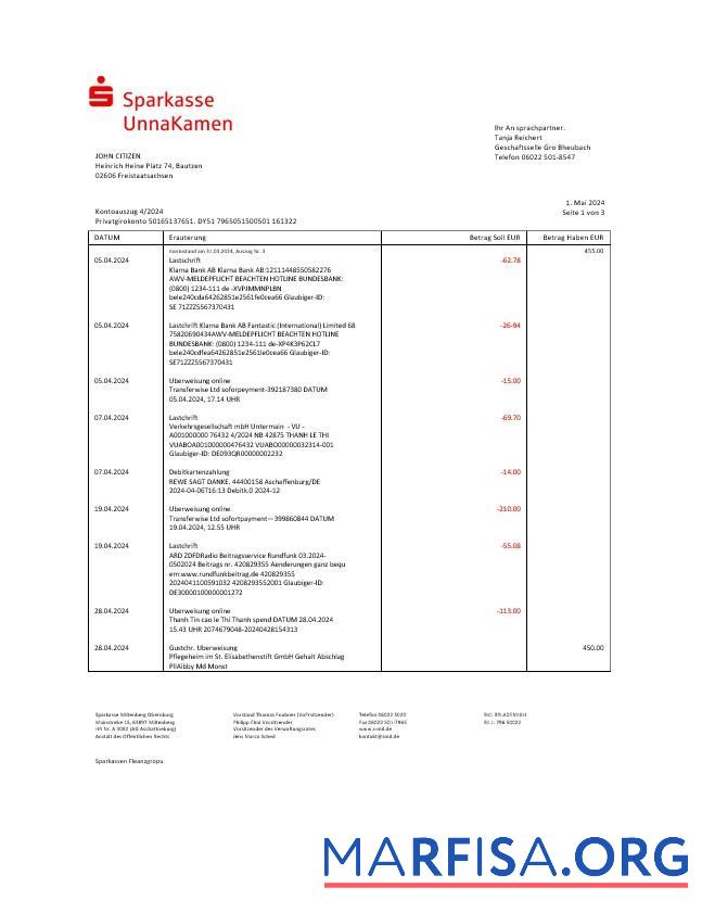 Германия Sparkasse UnnaKamen Банковский Выписка из банка Word дизайн