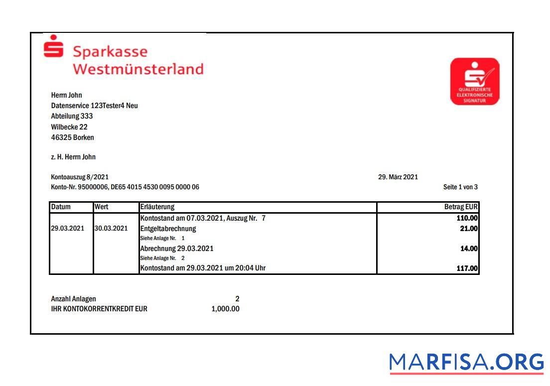 Германия Sparkasse Банковский Выписка из банка Excel шаблон