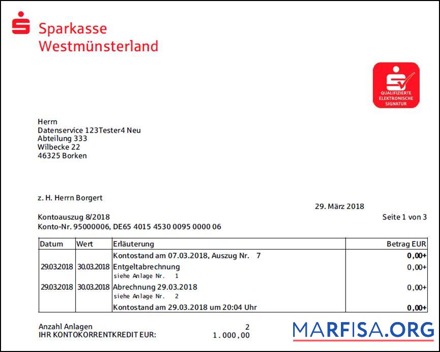 Германия Sparkasse Банковский Выписка из банка Word шаблон
