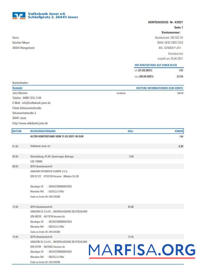 Германия Volksbank Jever Банковский Выписка из банка Excel дизайн