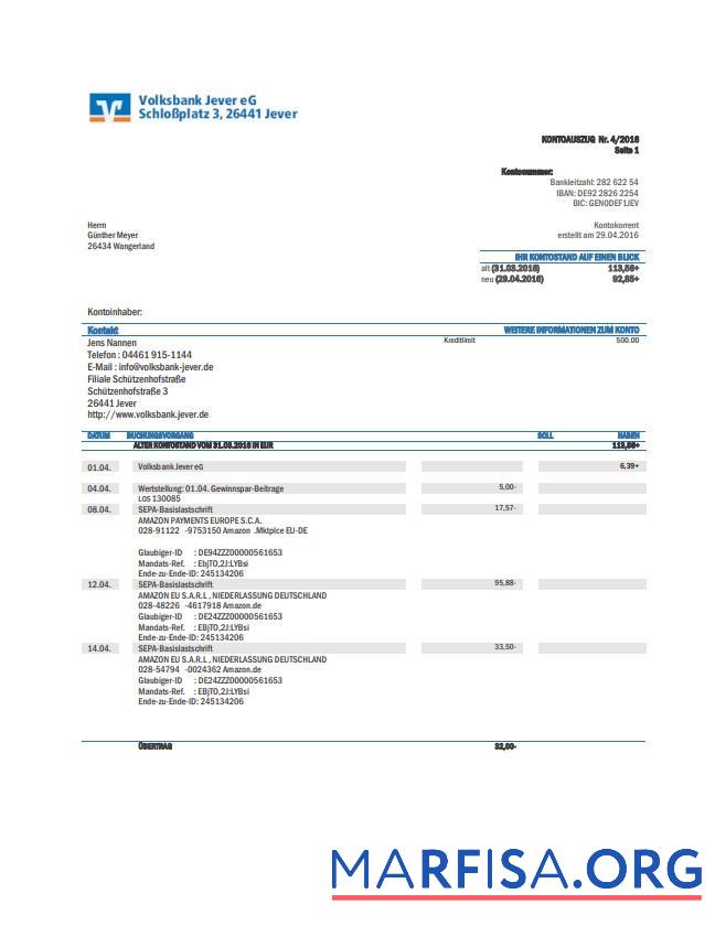 Германия Volksbank Jeverbank Выписка из банка Word предпросмотр
