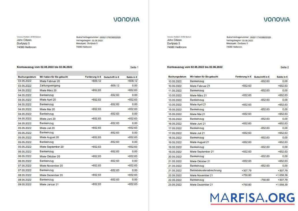 Германия Vonovia Банковский Выписка из банка on deutsch Word 3 pages шаблон