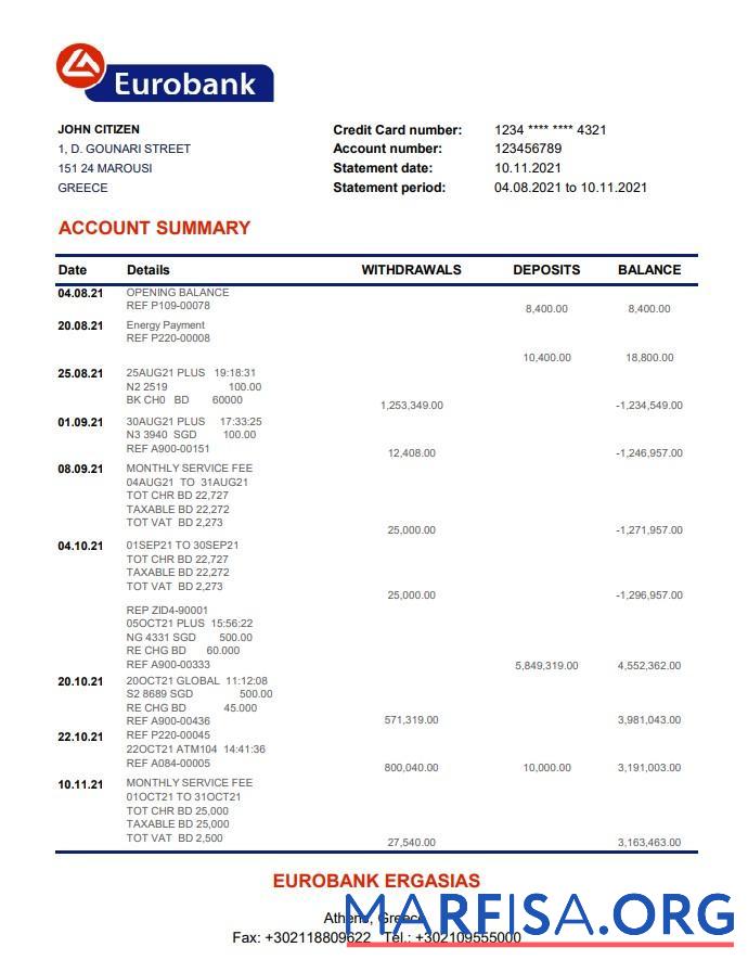 Греция Eurobank Ergasias Банковский Выписка из банка Excel образец