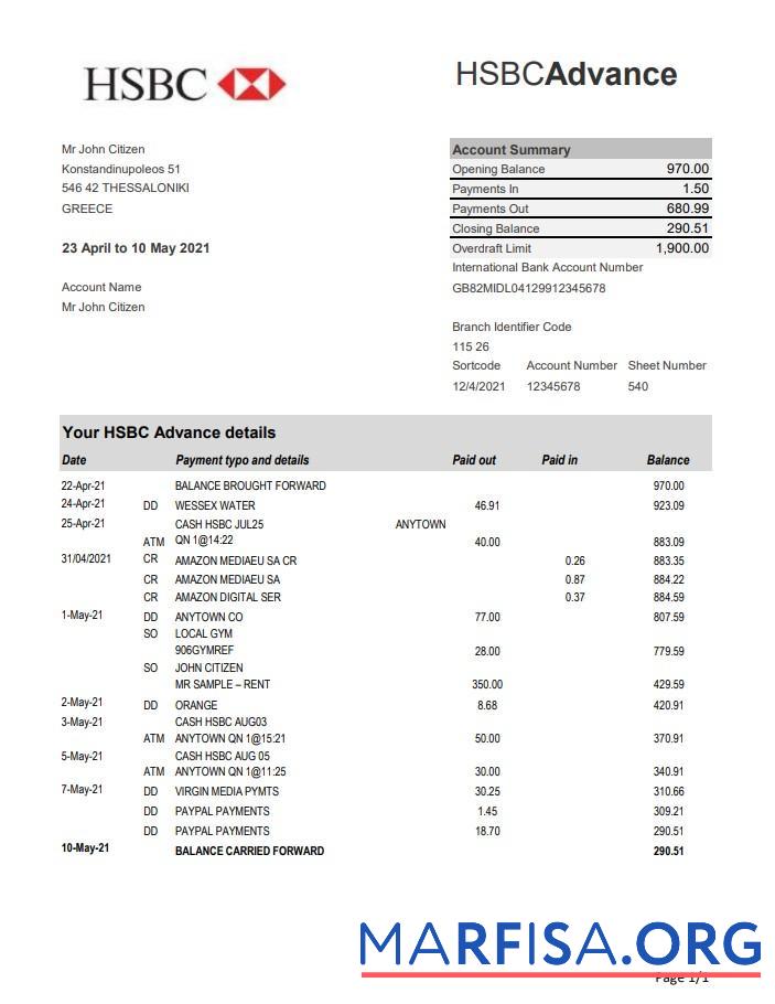 Греция HSBC Банковский Выписка из банка Excel макет