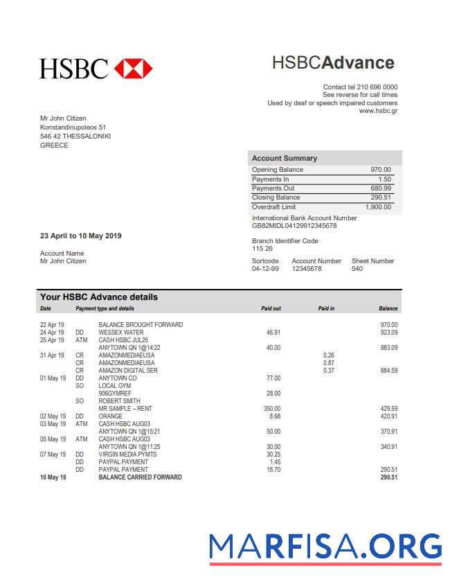 Греция HSBC Банковский Выписка из банка Word шаблон