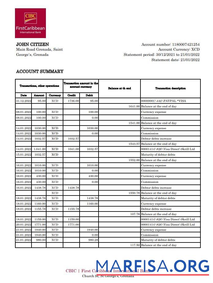 Гренада CIBC Банковский Выписка из банка Excel макет
