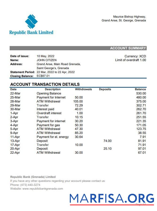 Гренада Republic Банковский Выписка из банка Excel предпросмотр