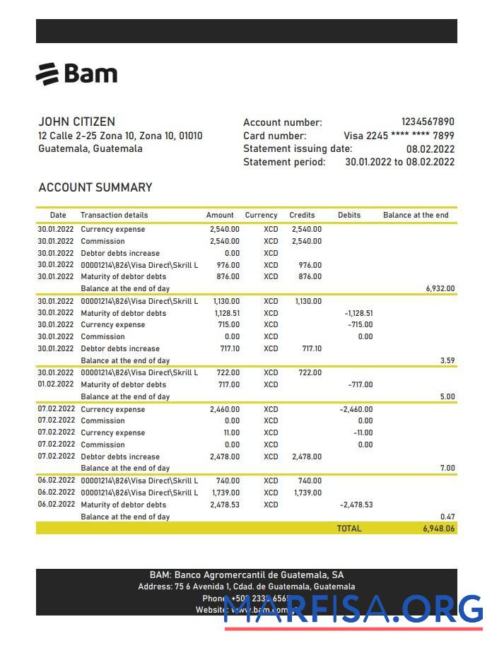 Гватемала Agromercantil Банковский Выписка из банка Excel предпросмотр