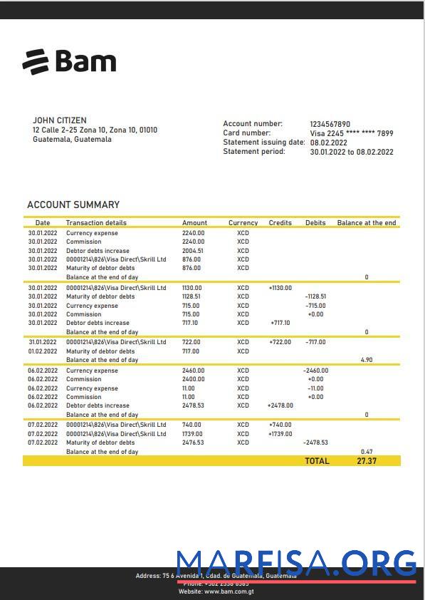 Гватемала Agromercantil Банковский Выписка из банка Word макет