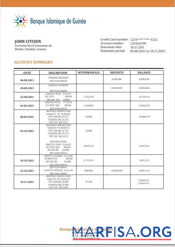 Гвинея Banque Islamique de Guine╠üe proof of address Банковский Выписка из банка Word шаблон