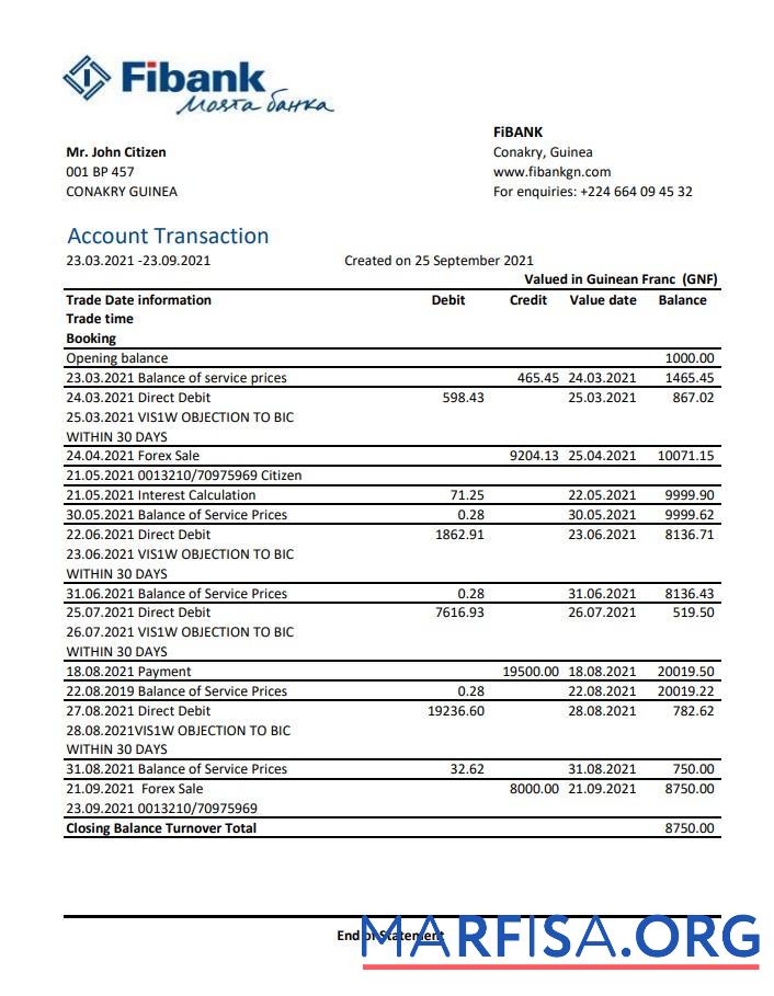 Гвинея Fibank Банковский Выписка из банка Excel образец
