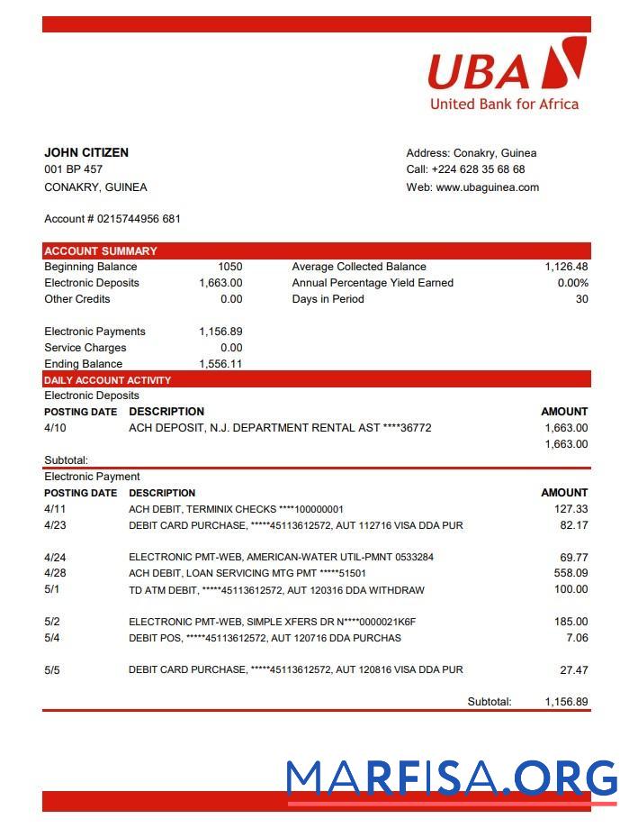 Гвинея UBA Банковский Выписка из банка Excel макет