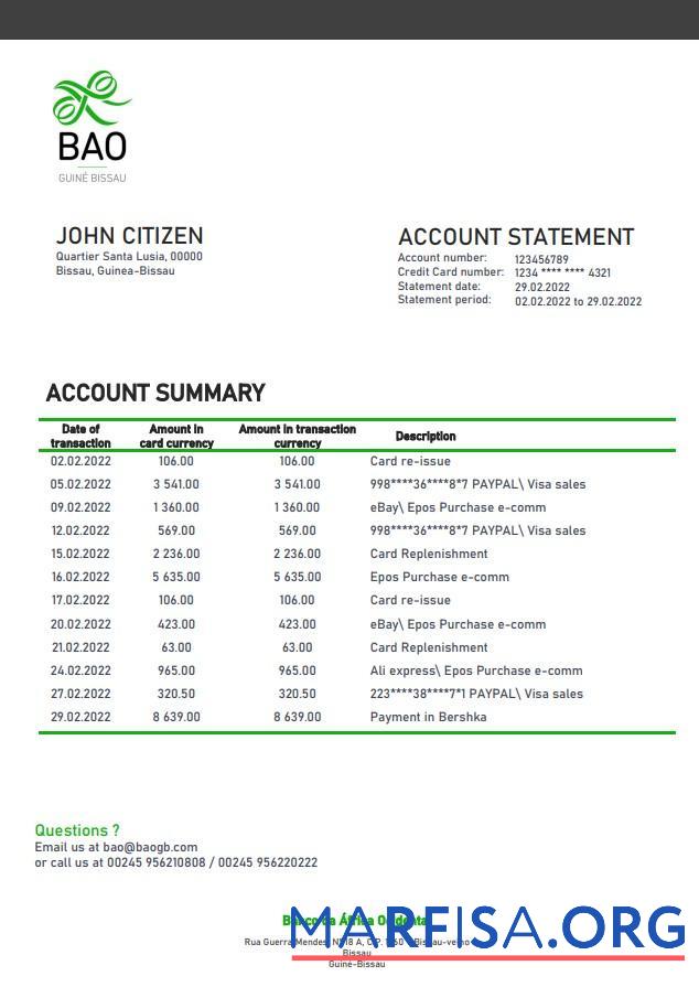 Гвинея Bissau Banco da Africa Ocidental Банковский Выписка из банка Word дизайн