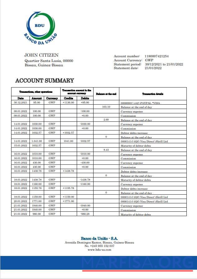 Гвинея Bissau Banco da Uniao Банковский Выписка из банка Word макет