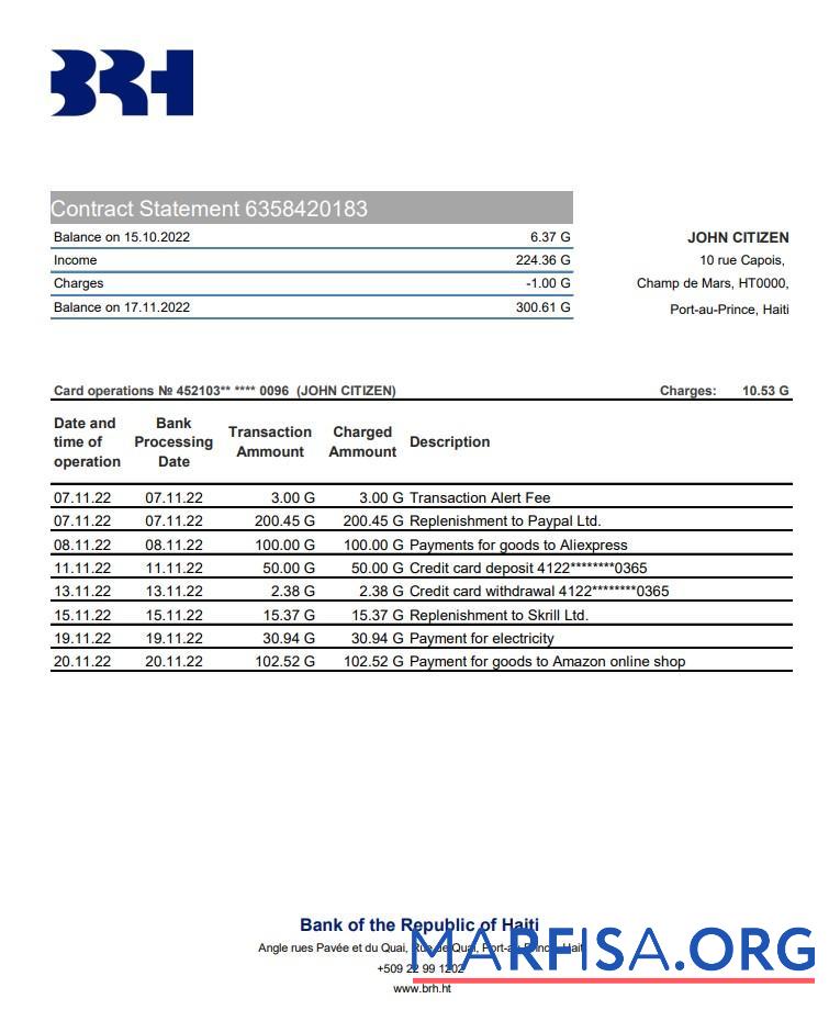 Гаити BRH Банковский Выписка из банка Excel шаблон
