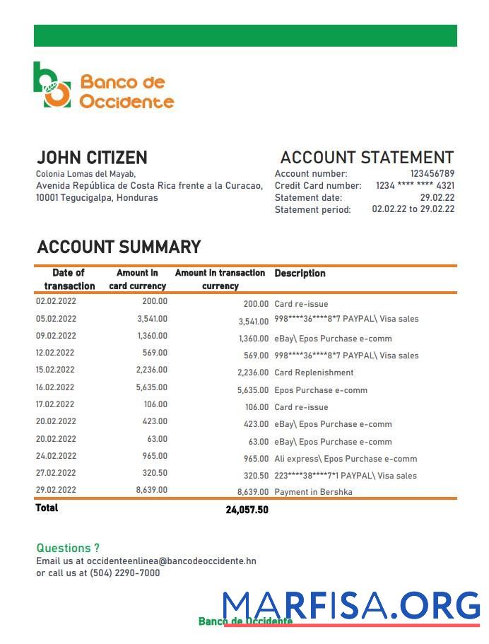 Гондурас Banco de Occidente Банковский Выписка из банка Excel предпросмотр