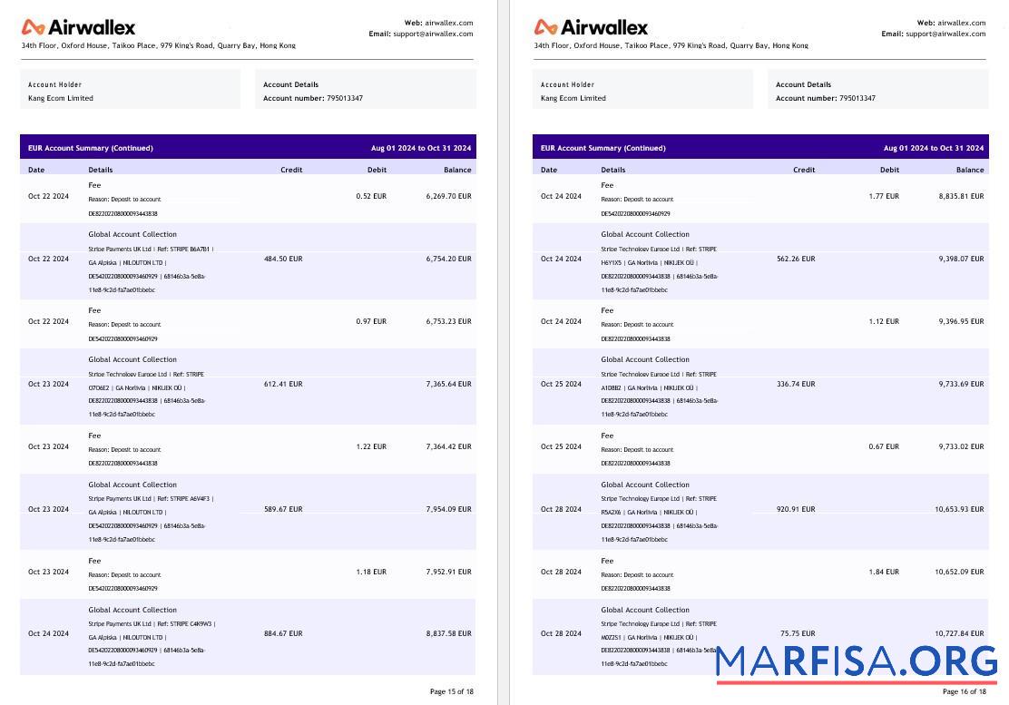 Гонконг Airwallex Limited Аккаунт Выписка из банка Word 8 pages шаблон