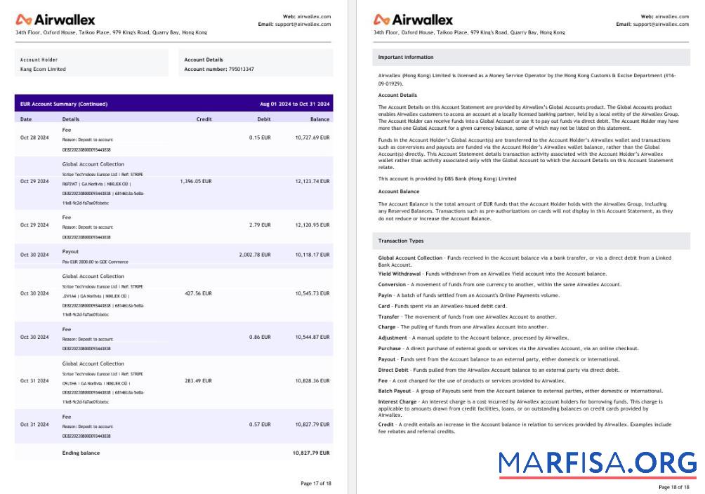 Гонконг Airwallex Limited Аккаунт Выписка из банка Word pages 9 шаблон