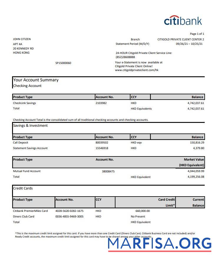 Гонконг Citibank Кредит Карта Выписка из банка Word предпросмотр