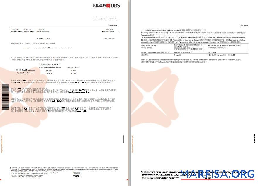 Гонконг DBS Black World MasterCard eStatement Word 3 4 pages образец