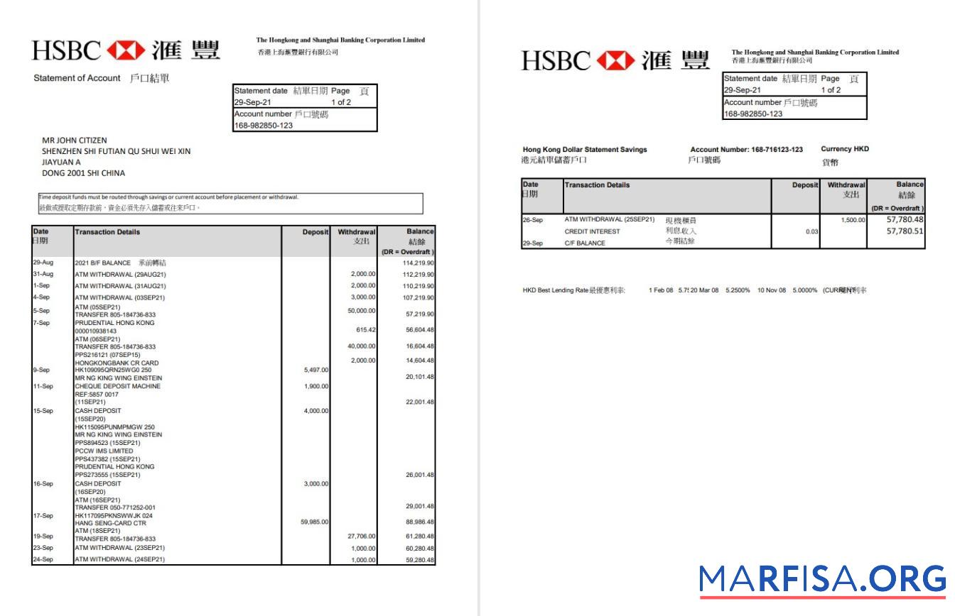 Гонконг HSBC The Hongkong and Shanghai Banking Corporation Банковский Выписка из банка Excel 2 pages предпросмотр