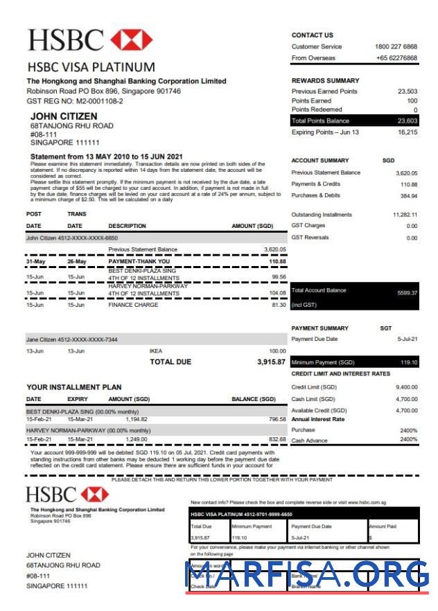 Гонконг HSBC Банковский Виза Platinum Кредит Карта Выписка из банка Excel шаблон