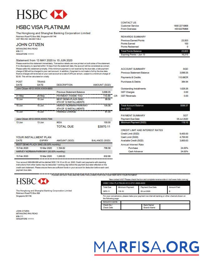 Гонконг HSBC Банковский Виза Platinum Кредит Карта Выписка из банка Word предпросмотр