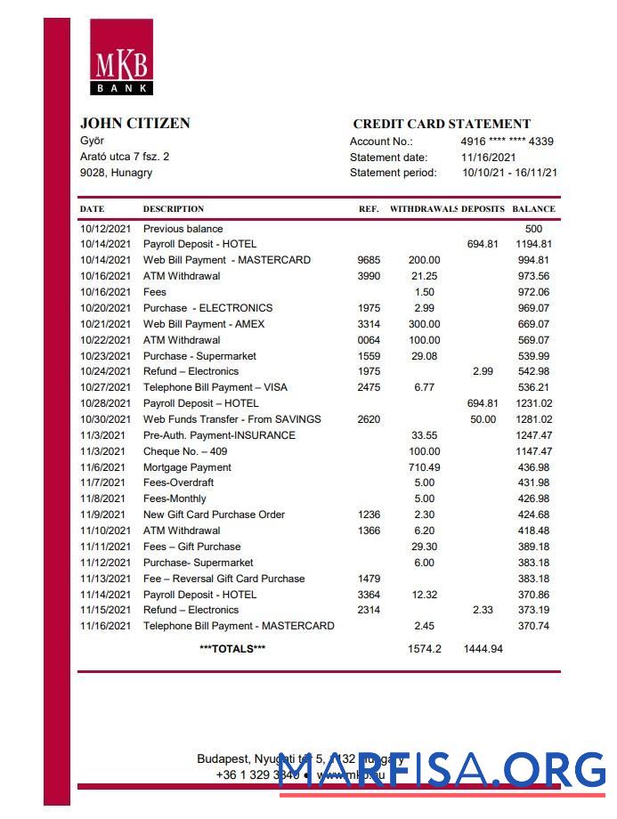 Венгрия MKB Банковский Выписка из банка Excel шаблон