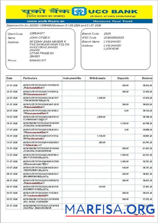 Индия UCO Банковский Выписка из банка Word Версия 2 макет
