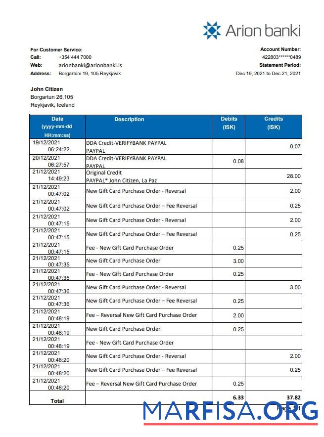 Исландия Arion Банковский Выписка из банка Excel шаблон
