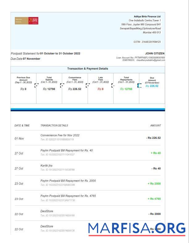 Индия Aditya Birla Финансы Ltd Банковский Выписка из банка Word 3 pages дизайн