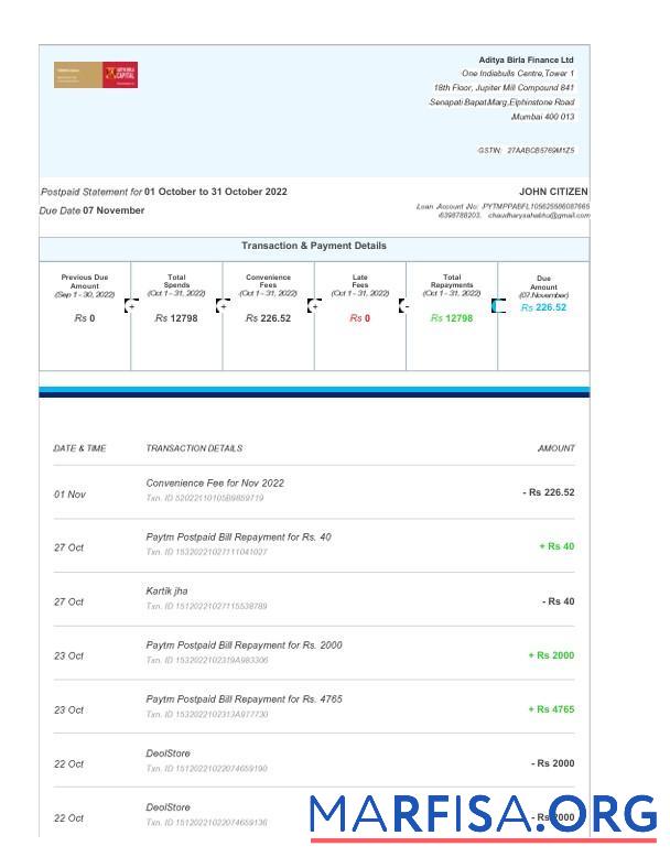 Индия Aditya Birla Финансы Ltd Поддельный Банковский Выписка из банка Word 3 pages образец