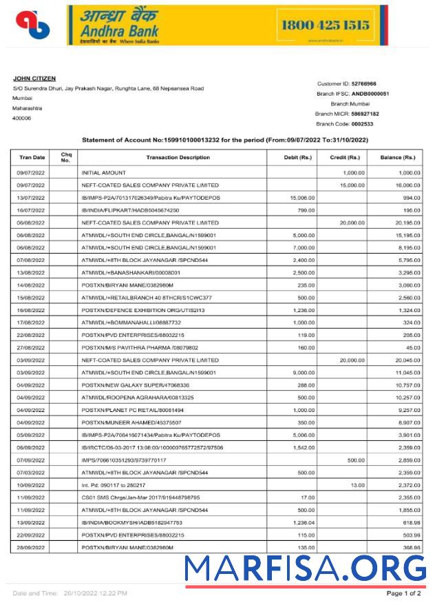 Индия Andhra Банковский Выписка из банка Word 2 pages Страница 1 шаблон