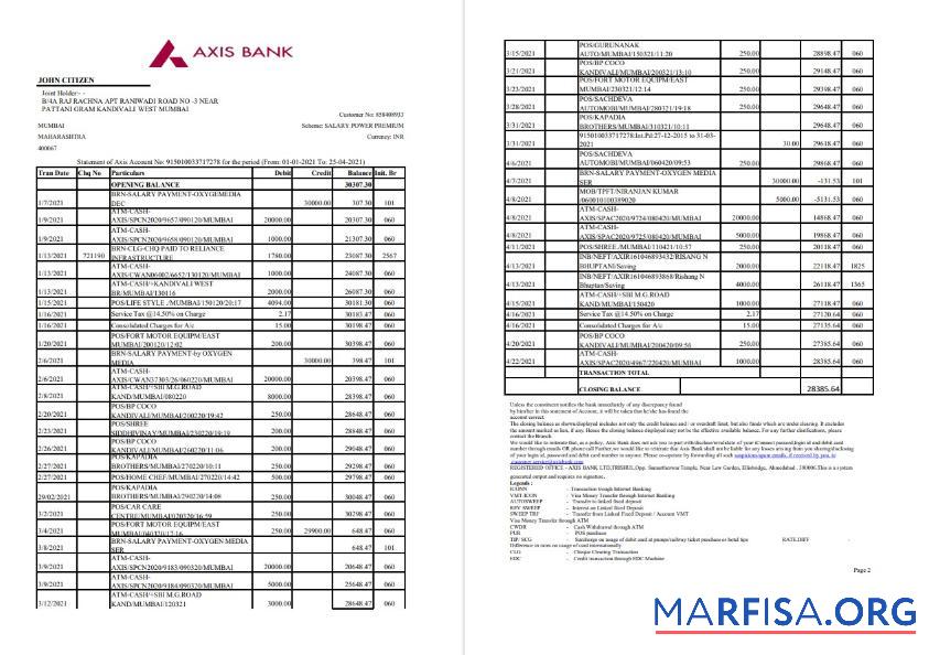 Индия Axis 2 pages Банковский Выписка из банка Excel макет