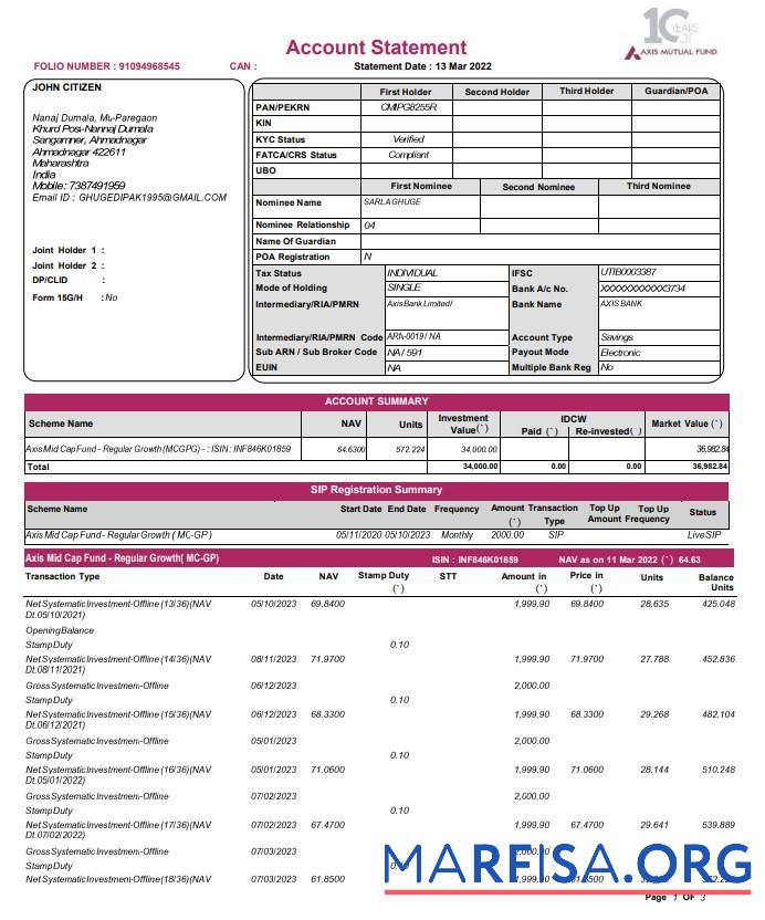 Индия Axis Mutual Fund Банковский Выписка из банка Word 3 pages образец