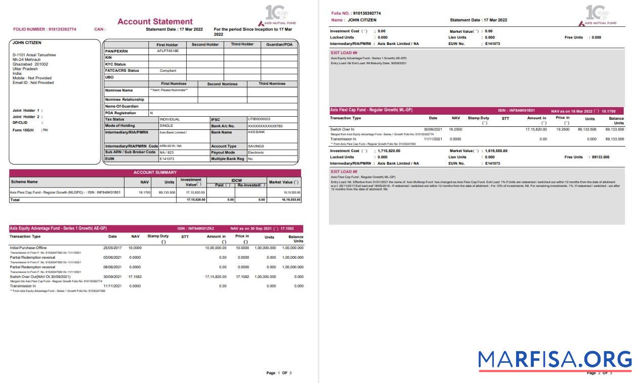 Индия Axis Банковский Выписка из банка Excel 3 pages образец