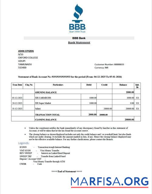 Индия BBB Банковский Выписка из банка Word шаблон