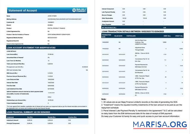 Индия Bajaj Finserv Выписка из банка of Аккаунт Word 2 pages предпросмотр