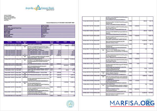Индия Canara Банковский Аккаунт Выписка из банка Word 2 pages предпросмотр