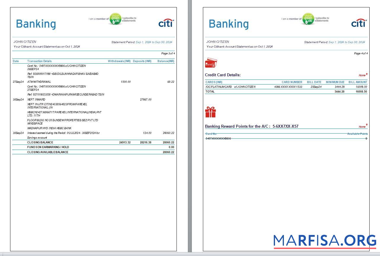 Индия Citibank Банковский Выписка из банка Word 6 pages, 3 4 pages дизайн
