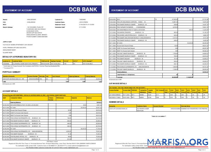 Индия DCB Банковский Выписка из банка Word 2 pages шаблон