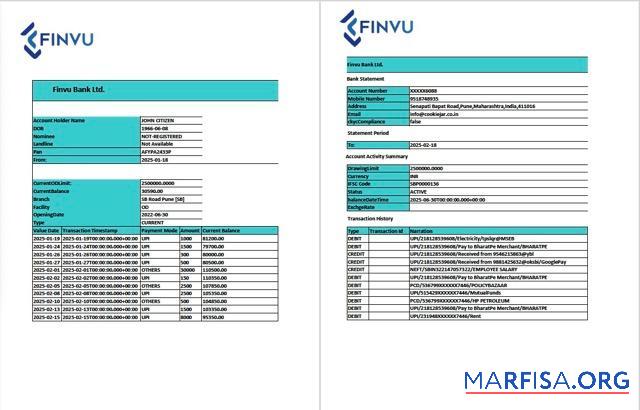 Индия Finvu Банковский Ltd. Аккаунт Выписка из банка┬áWord 2 pages образец